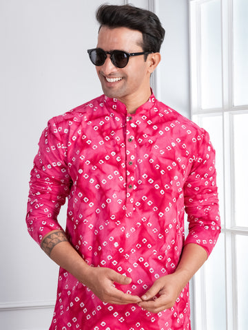 Mens Pink Bandhani Printed Cotton Kurta Set