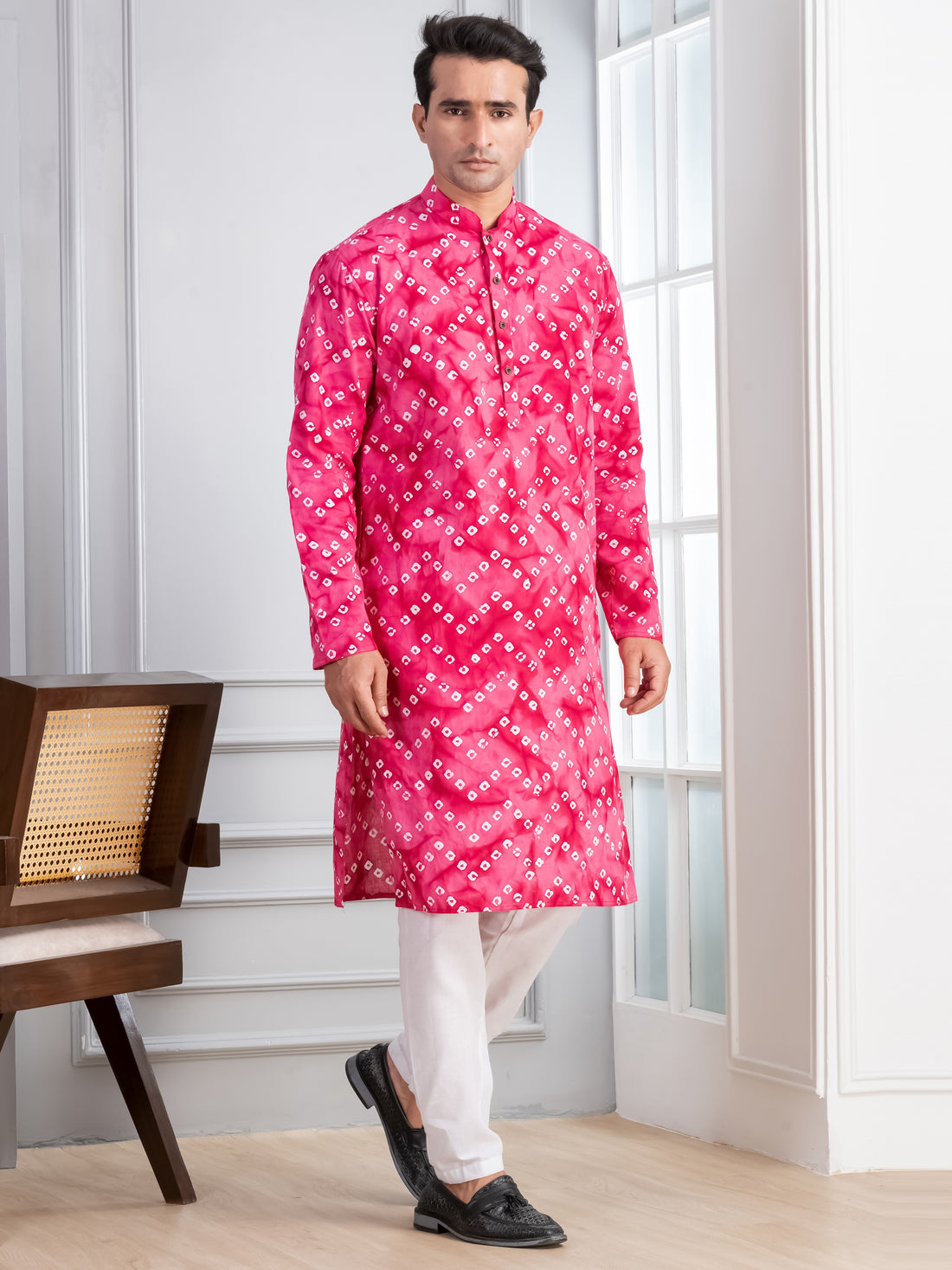 Mens Pink Bandhani Printed Cotton Kurta Set