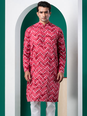 Mens Red Bandhani Printed Cotton Kurta Set