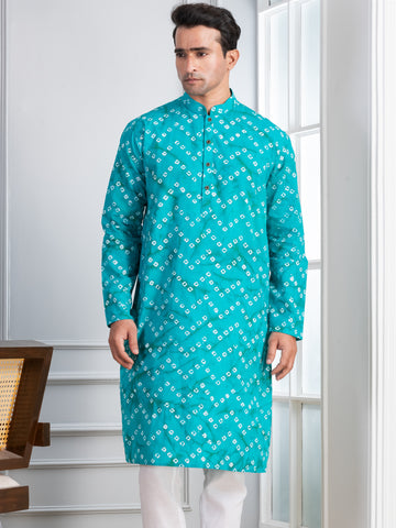 Mens Turquoise Bandhani Printed Cotton Kurta Set