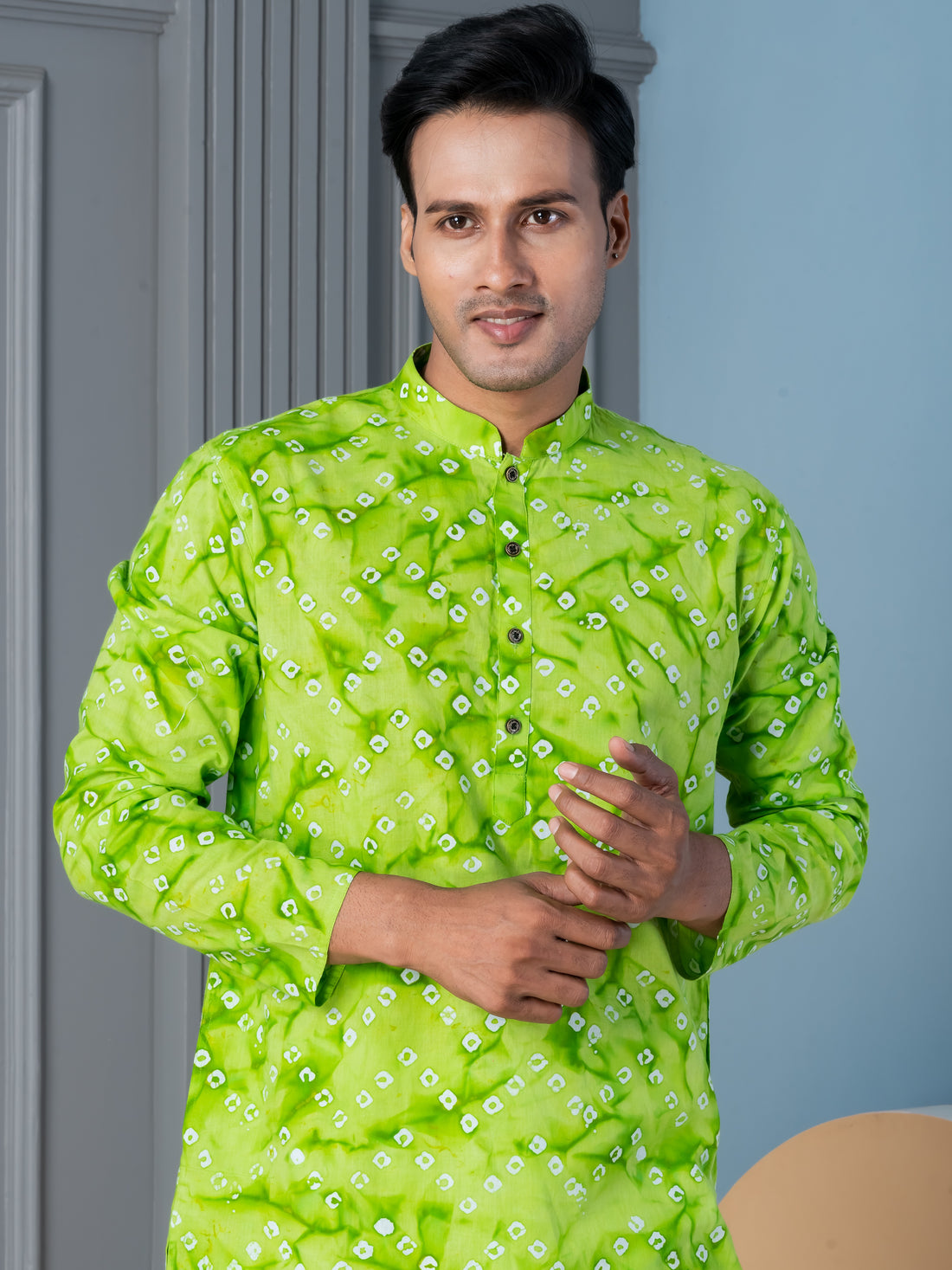 Mens Lime Green Bandhani Printed Cotton Kurta Set