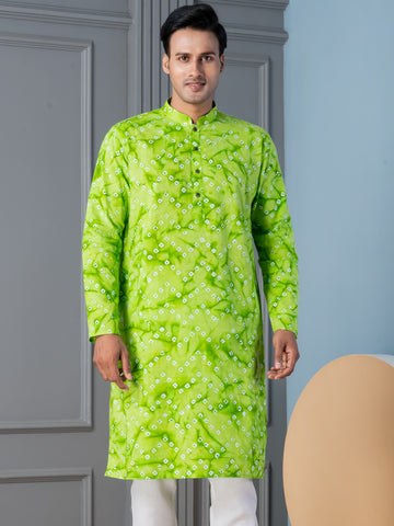 Mens Lime Green Bandhani Printed Cotton Kurta Set