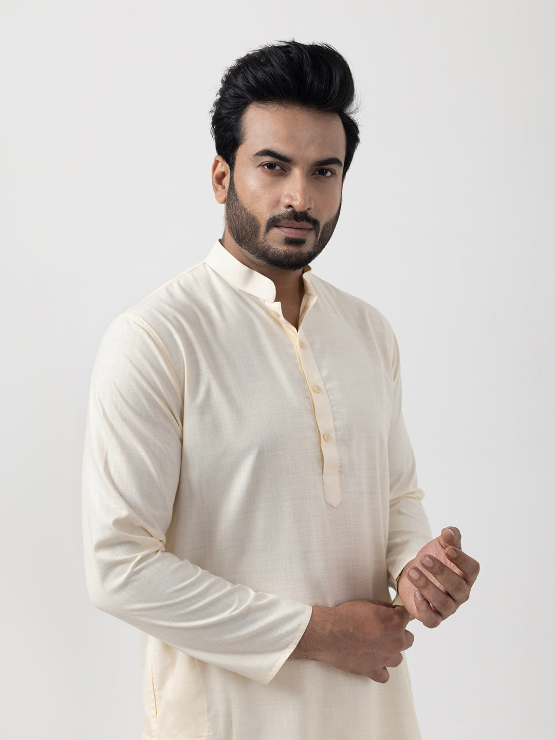 Mens Beige Plain Cotton Kurta Set