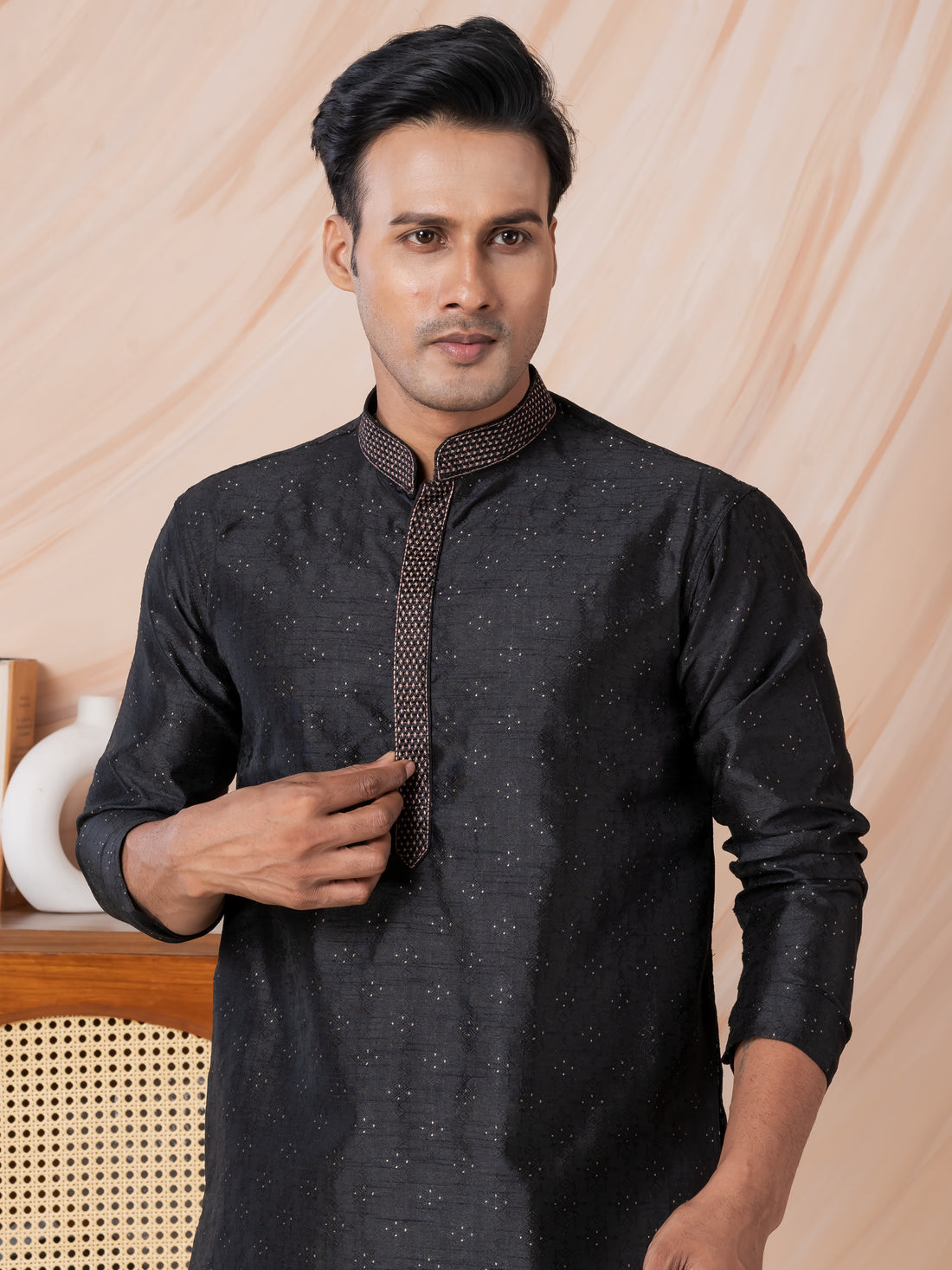 Mens Black Self Design Jacquard Silk Kurta Set