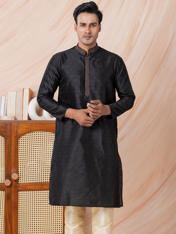 Mens Black Self Design Jacquard Silk Kurta Set
