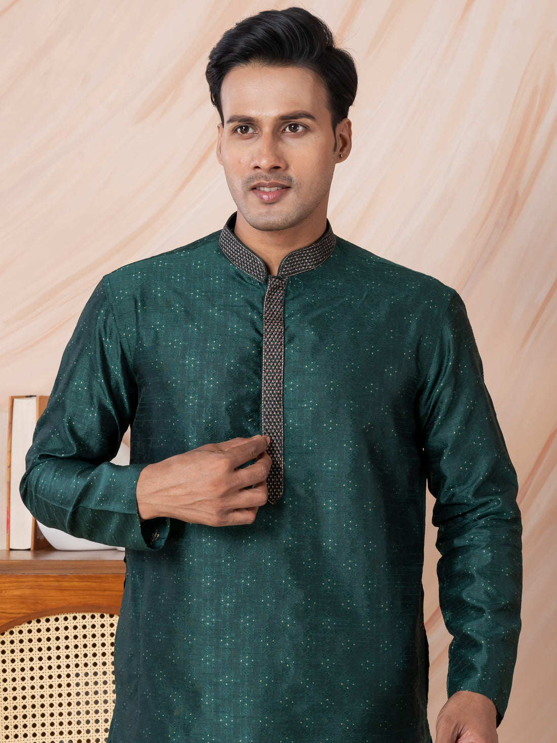 Mens Teal Green Self Design Jacquard Silk Kurta Set