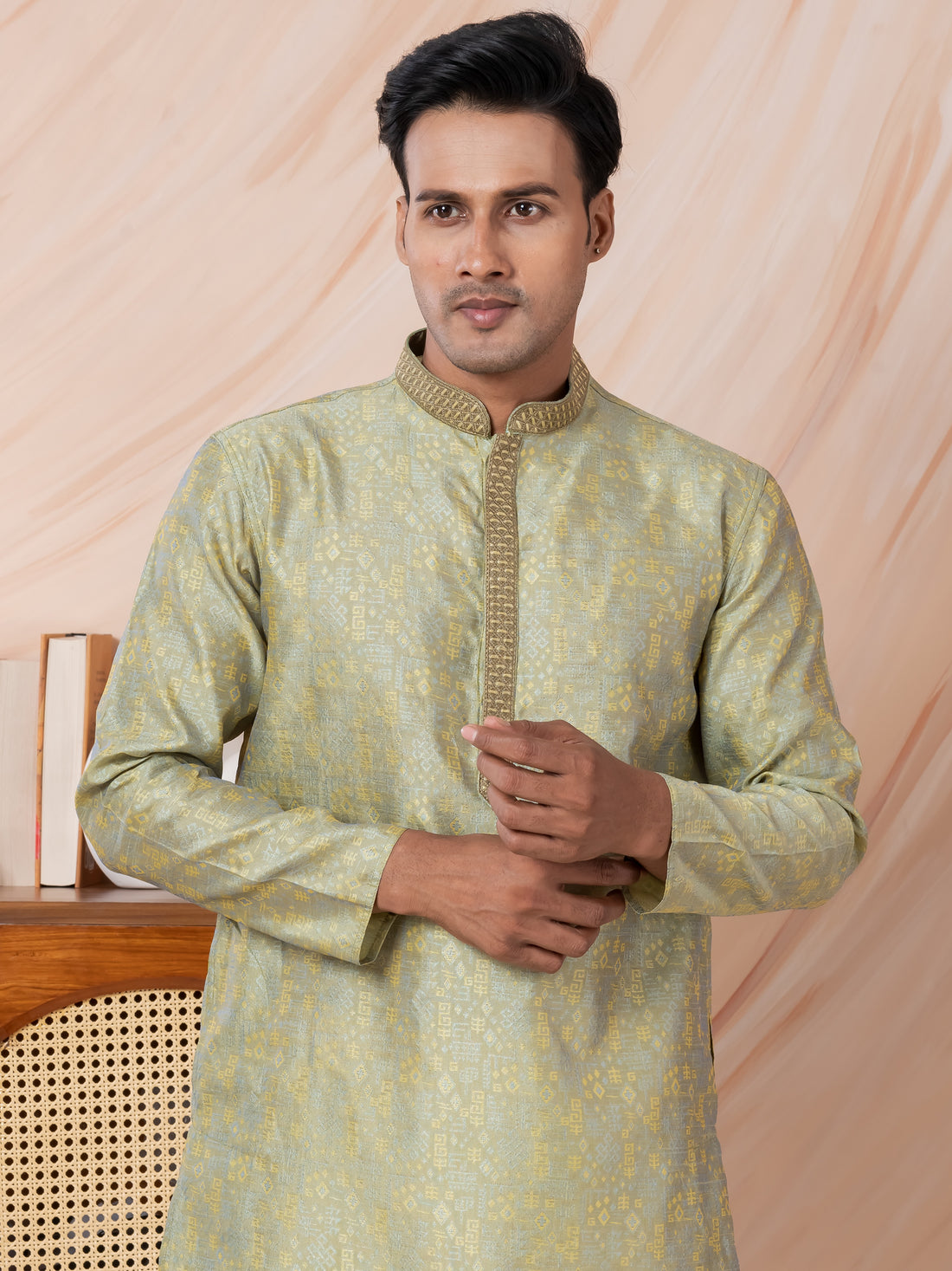 Mens Lime Green Self Design Jacquard Silk Kurta Set