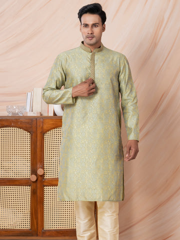 Mens Lime Green Self Design Jacquard Silk Kurta Set