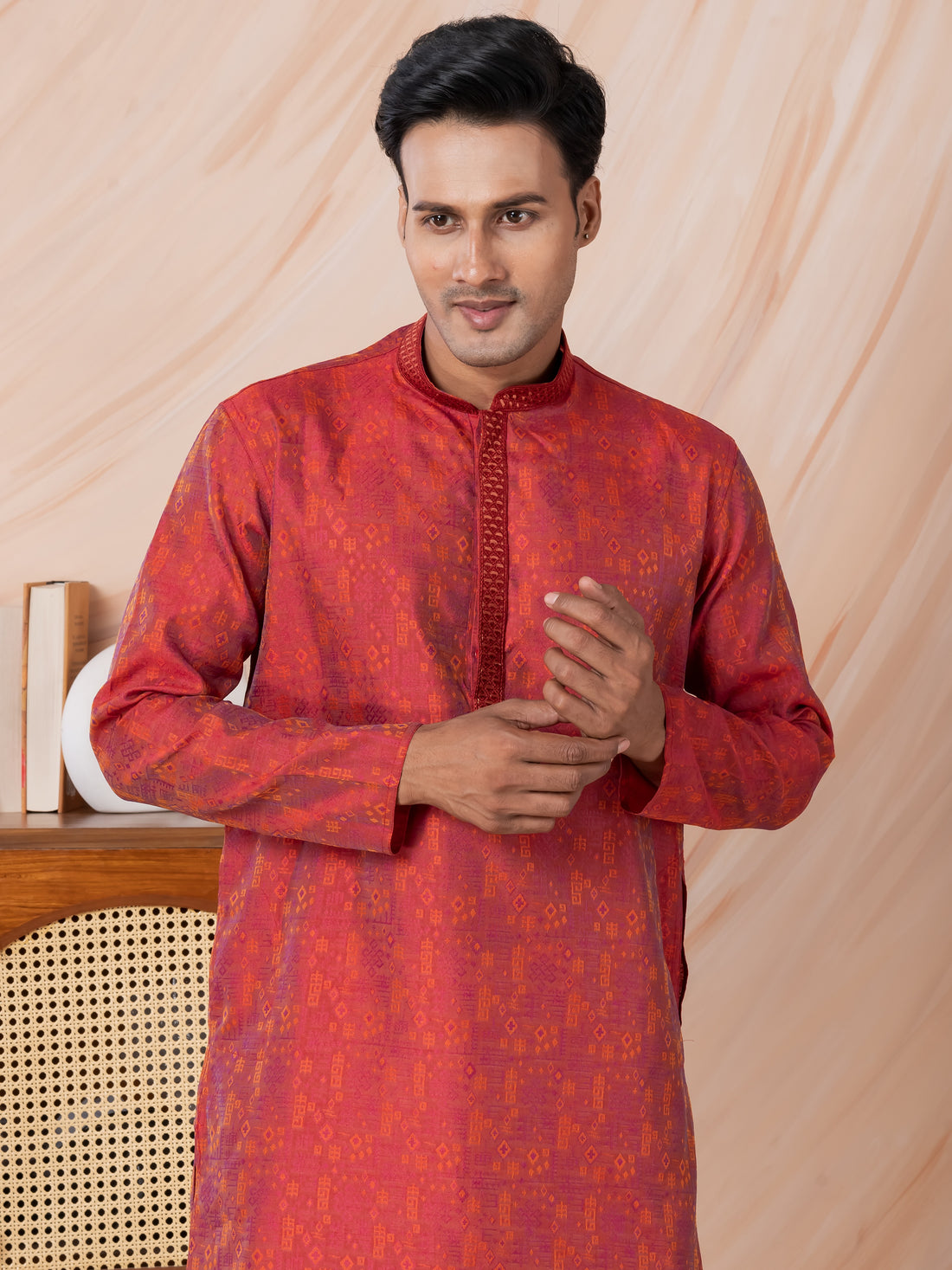 Mens Red Self Design Jacquard Silk Kurta Set
