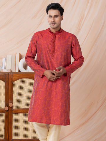 Mens Red Self Design Jacquard Silk Kurta Set