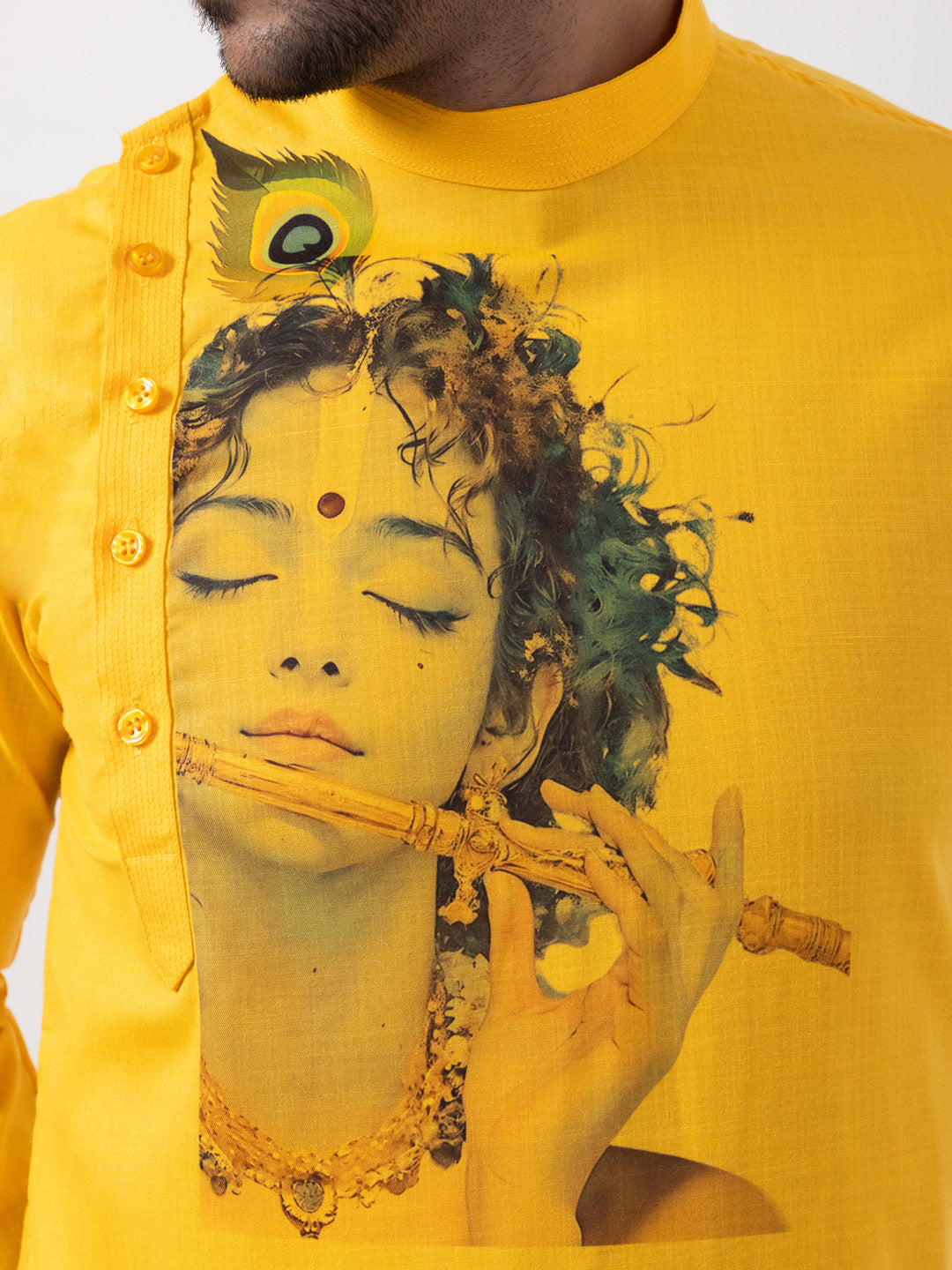 Mens Yellow Lord Krishna Print Cotton Kurta Set