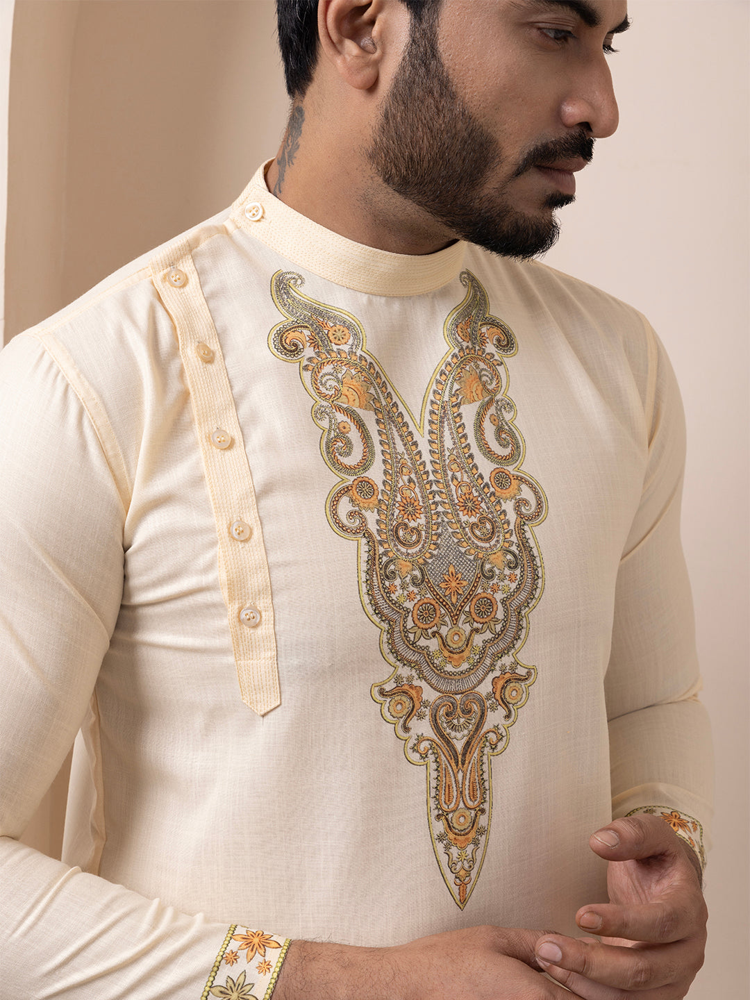 Mens Beige Ethnic Print Cotton Kurta Set