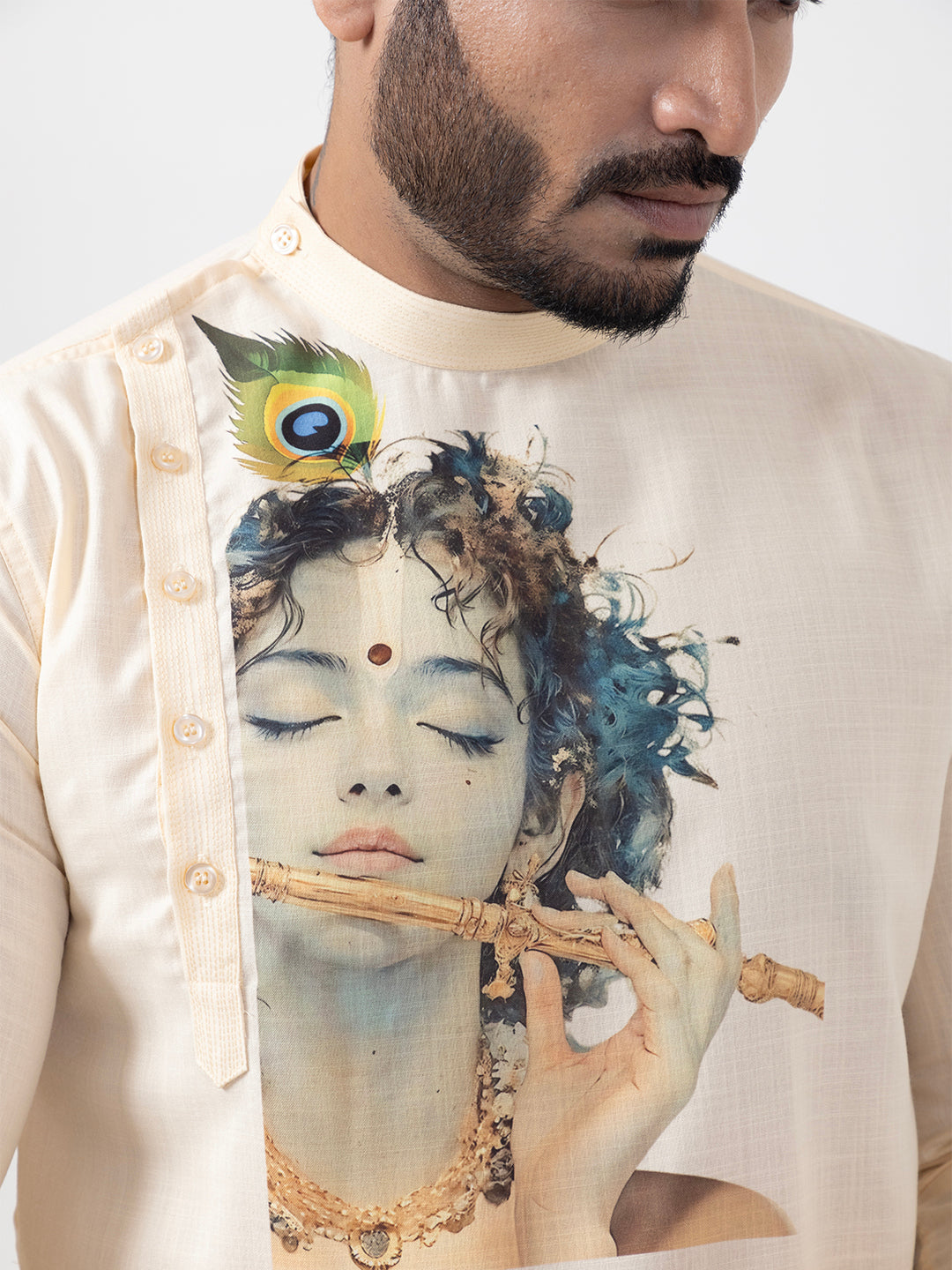 Mens Beige Lord Krishna Print Cotton Kurta Set