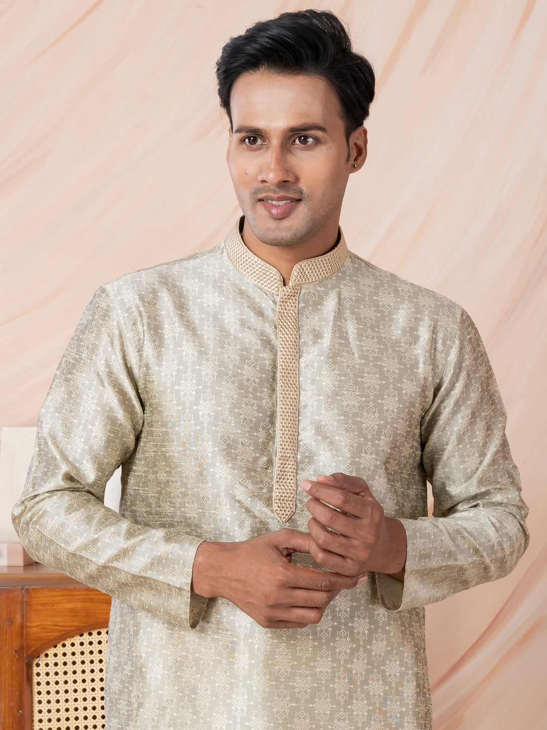 Mens Beige Self Design Jacquard Silk Kurta Set