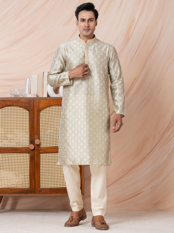 Mens Beige Self Design Jacquard Silk Kurta Set