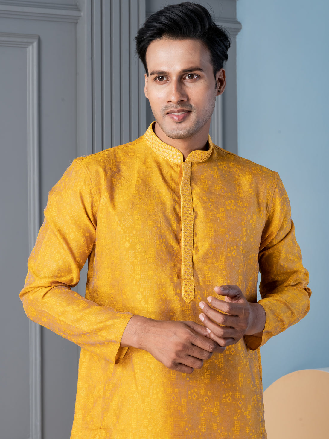 Mens Mustard Self Design Jacquard Silk Kurta Set