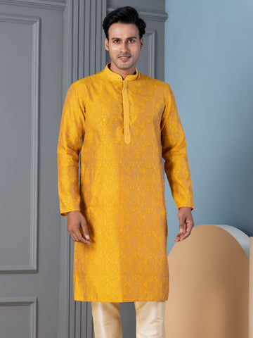 Mens Mustard Self Design Jacquard Silk Kurta Set