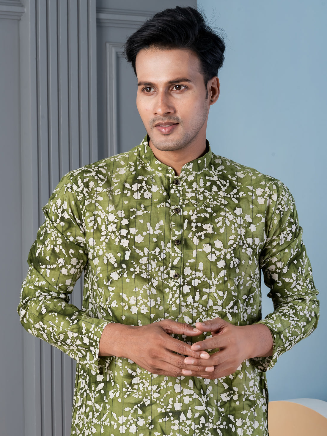 Mens Green Floral Printed Cotton Kurta Set