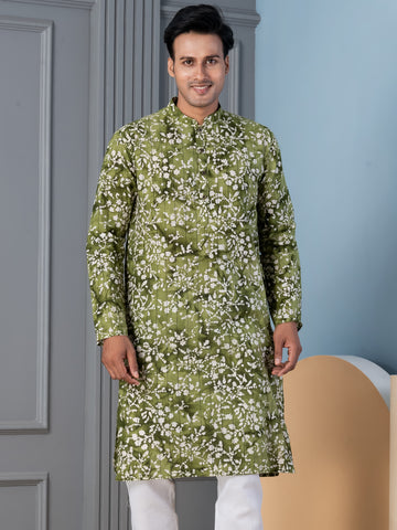Mens Green Floral Printed Cotton Kurta Set