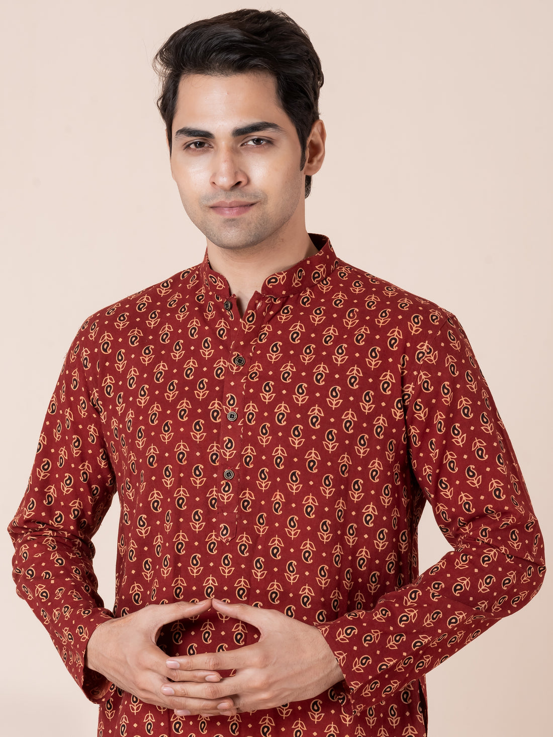 Mens Red All-Over Printed Cotton Kurta Set