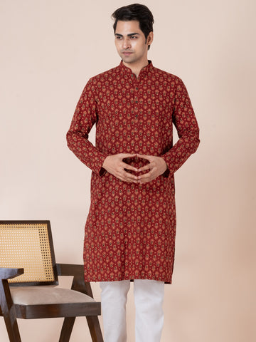 Mens Red All-Over Printed Cotton Kurta Set