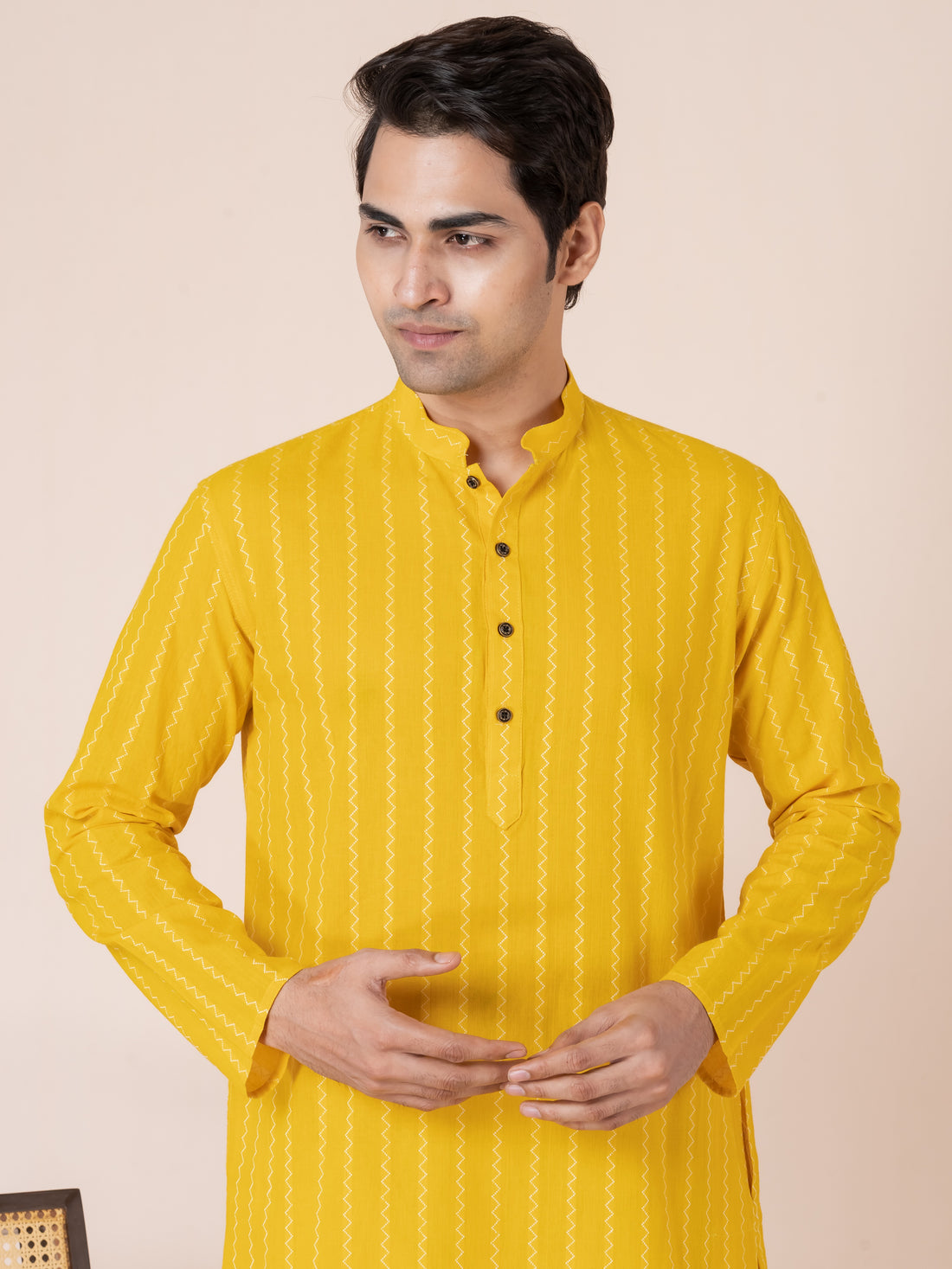 Mens Yellow All-Over Printed Cotton Kurta Set