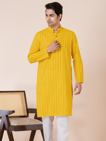 Mens Yellow All-Over Printed Cotton Kurta Set