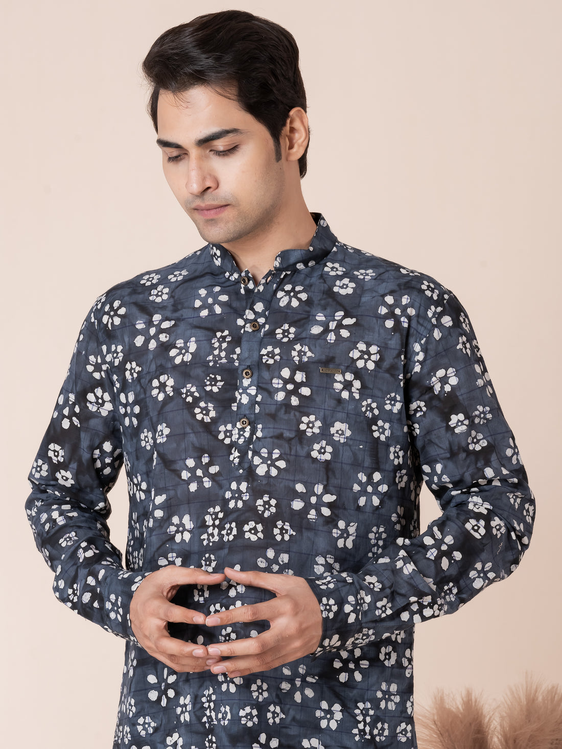 Mens Navy Blue Floral Printed Cotton Short Kurta Set