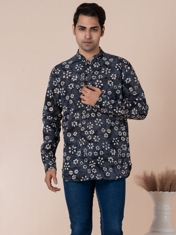 Mens Navy Blue Floral Printed Cotton Short Kurta Set
