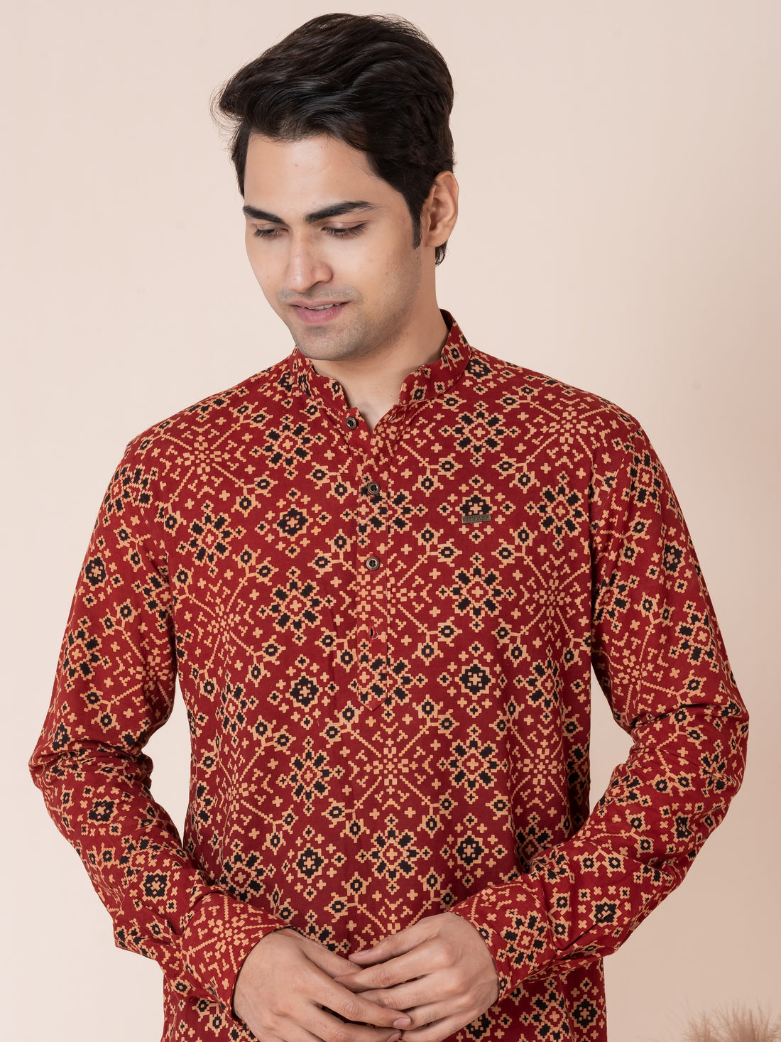 Mens Red All-Over Printed Cotton Short Kurta Set
