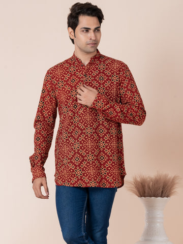Mens Red All-Over Printed Cotton Short Kurta Set