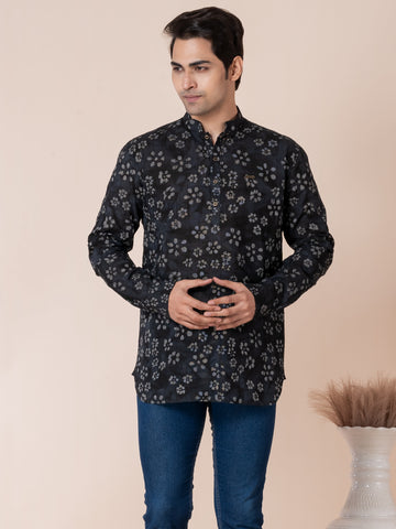 Mens Black Floral Printed Cotton Short Kurta Set