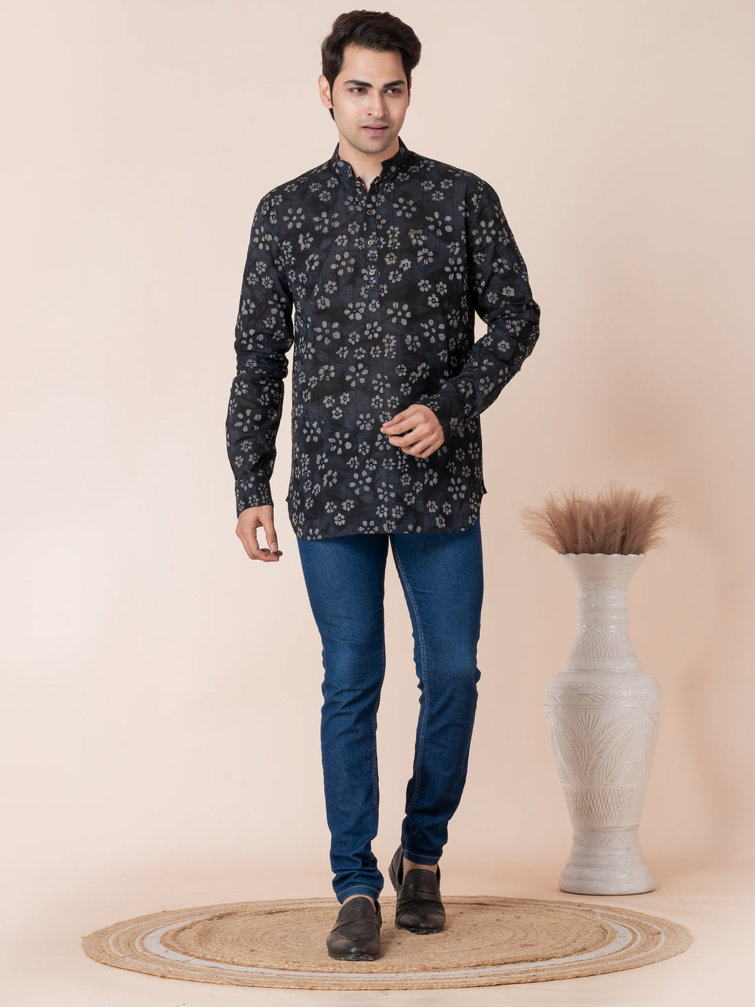 Mens Black Floral Printed Cotton Short Kurta Set