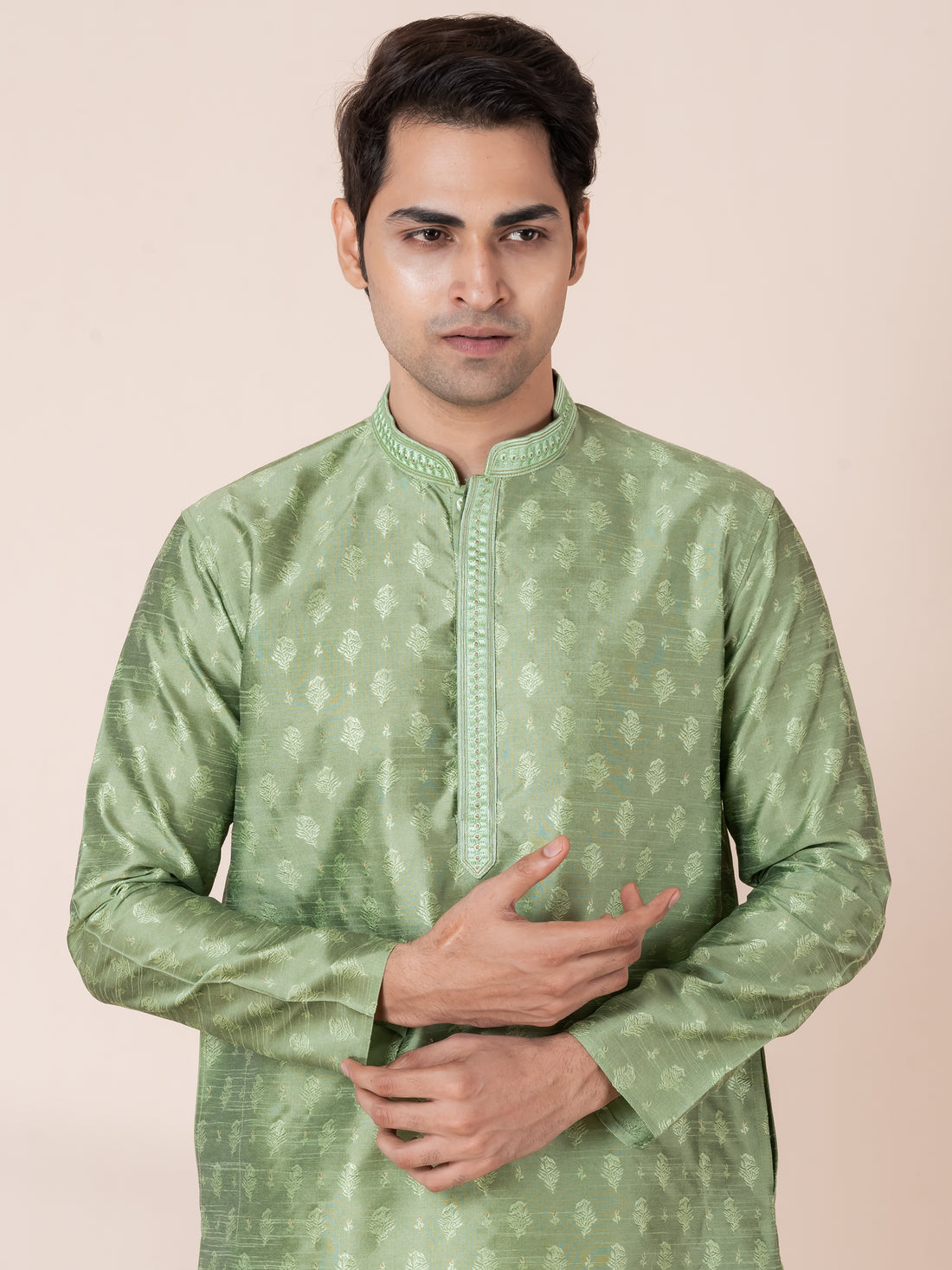 Mens Lime Green Self Design Jacquard Silk Kurta Set