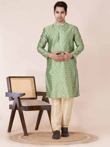 Mens Lime Green Self Design Jacquard Silk Kurta Set