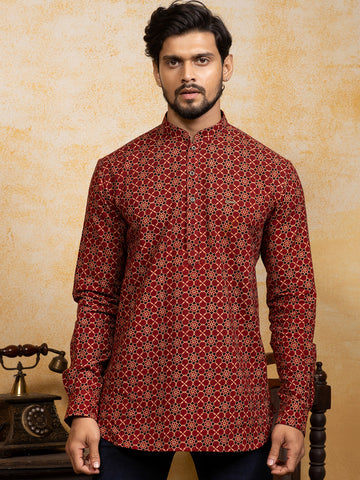 Mens Red All-Over Printed Cotton Short Kurta Set
