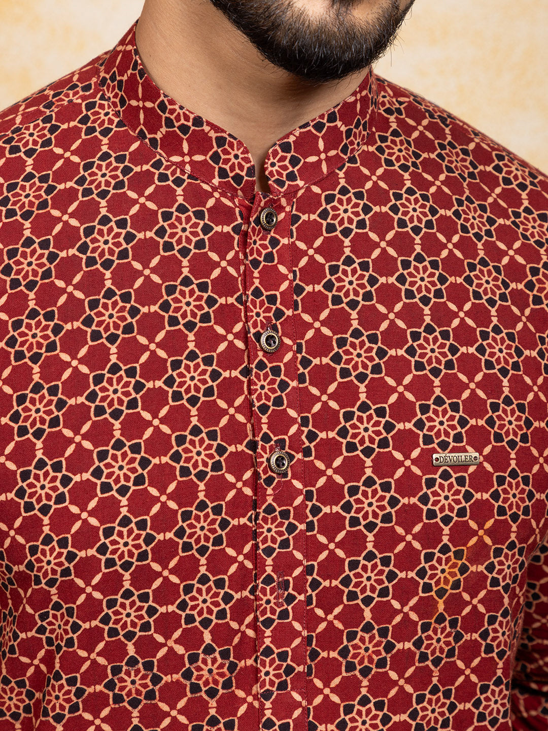 Mens Red All-Over Printed Cotton Short Kurta Set