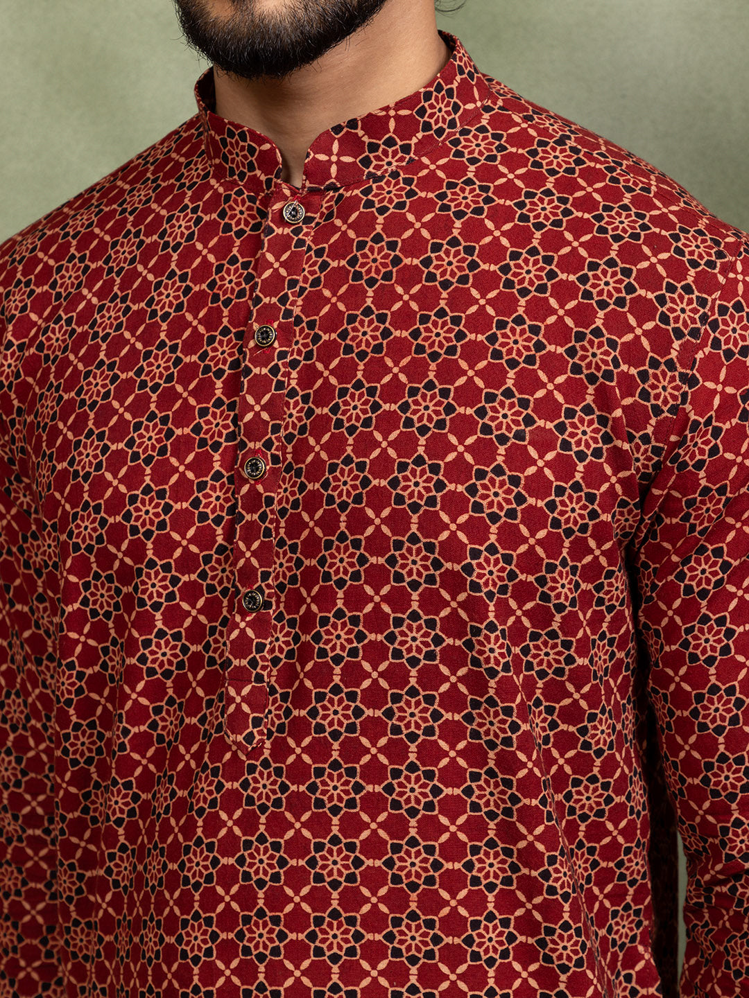 Mens Red All-Over Printed Cotton Kurta Set