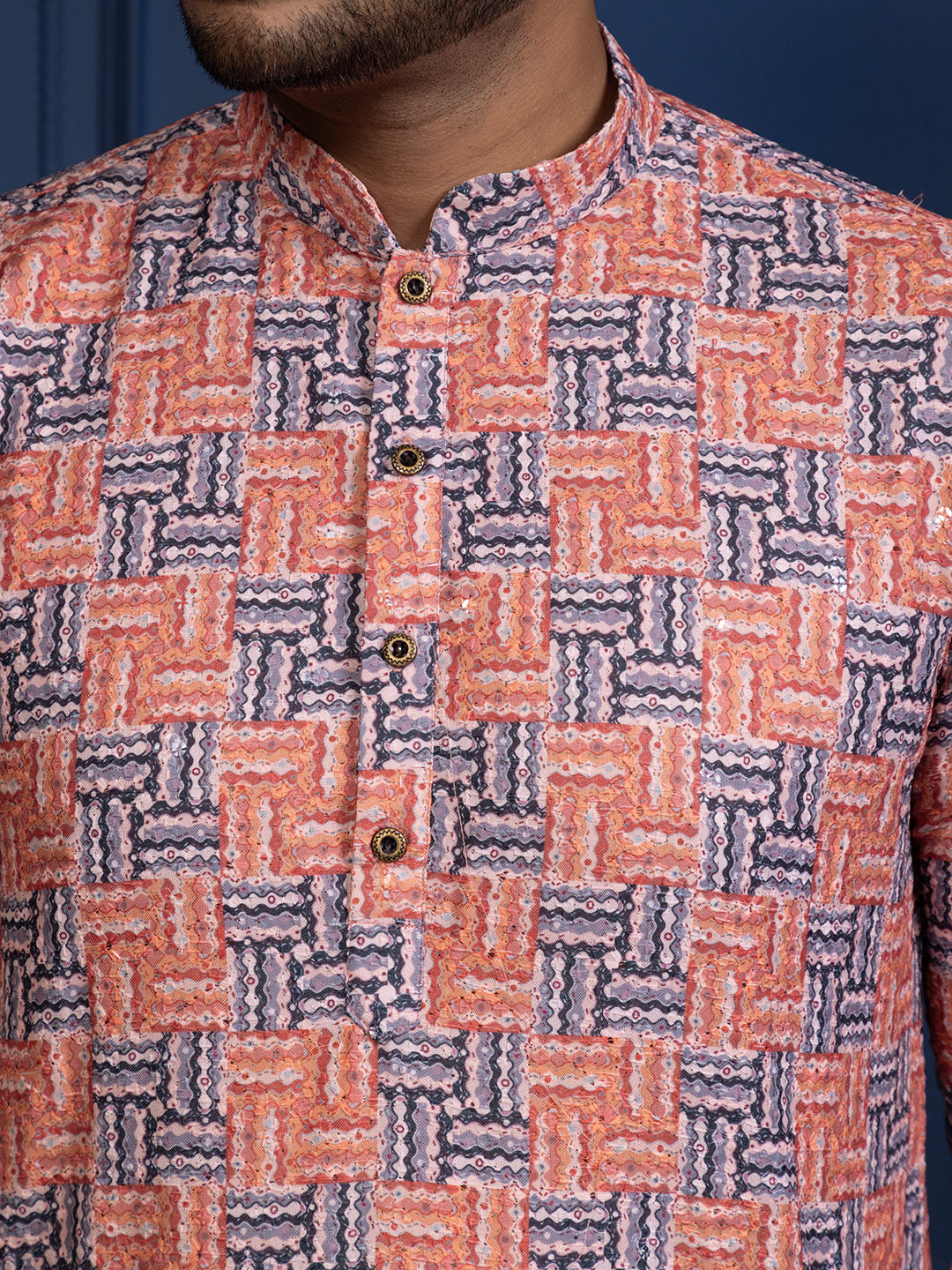 Mens Printed Cotton Kurta Set with All Over Thread Work