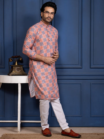 Mens Printed Cotton Kurta Set with All Over Thread Work