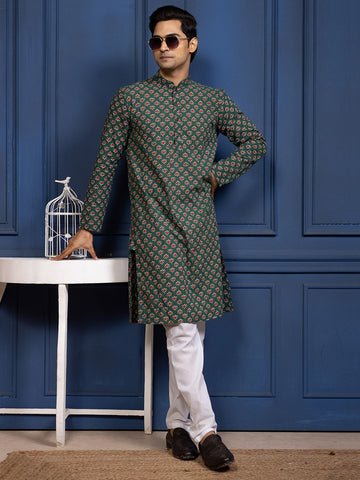 Mens Green All-Over Printed Cotton Kurta Set