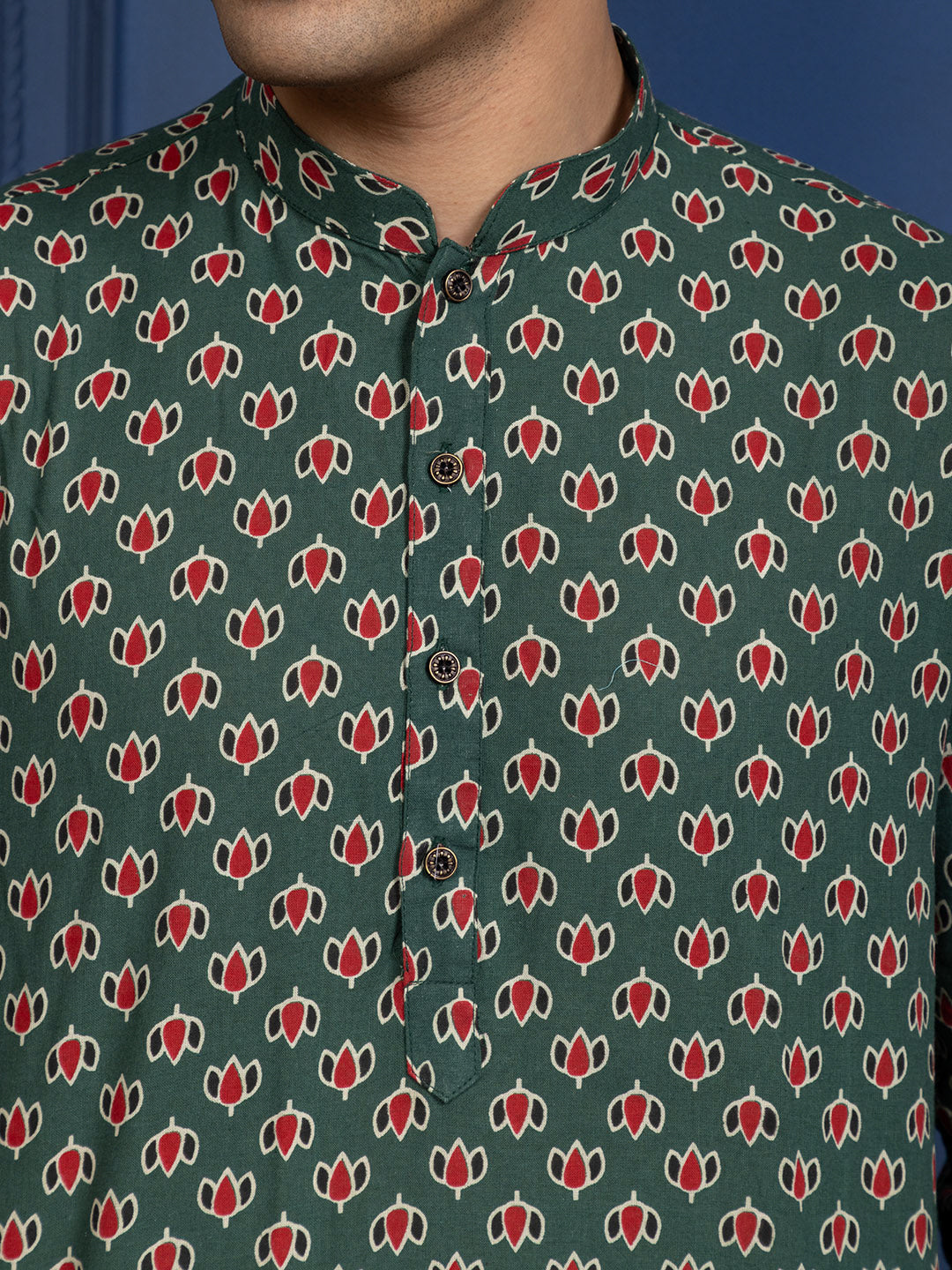 Mens Green All-Over Printed Cotton Kurta Set