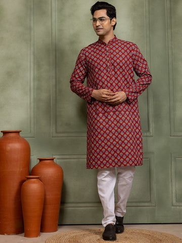 Mens Red All-Over Printed Cotton Kurta Set