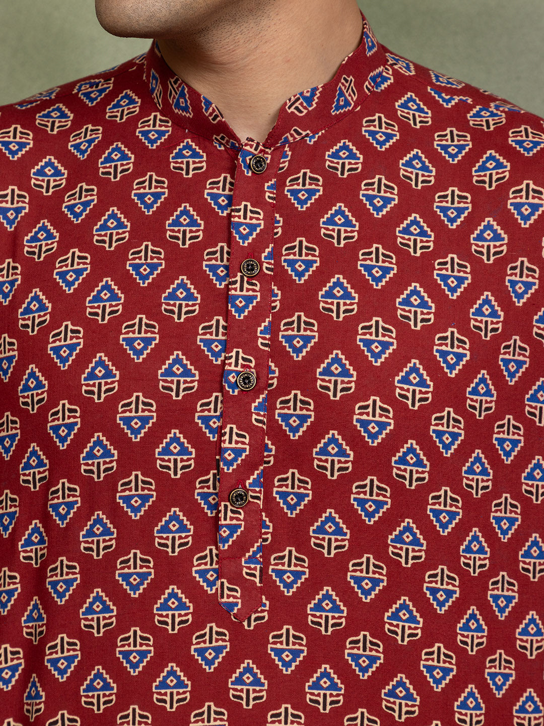 Mens Red All-Over Printed Cotton Kurta Set