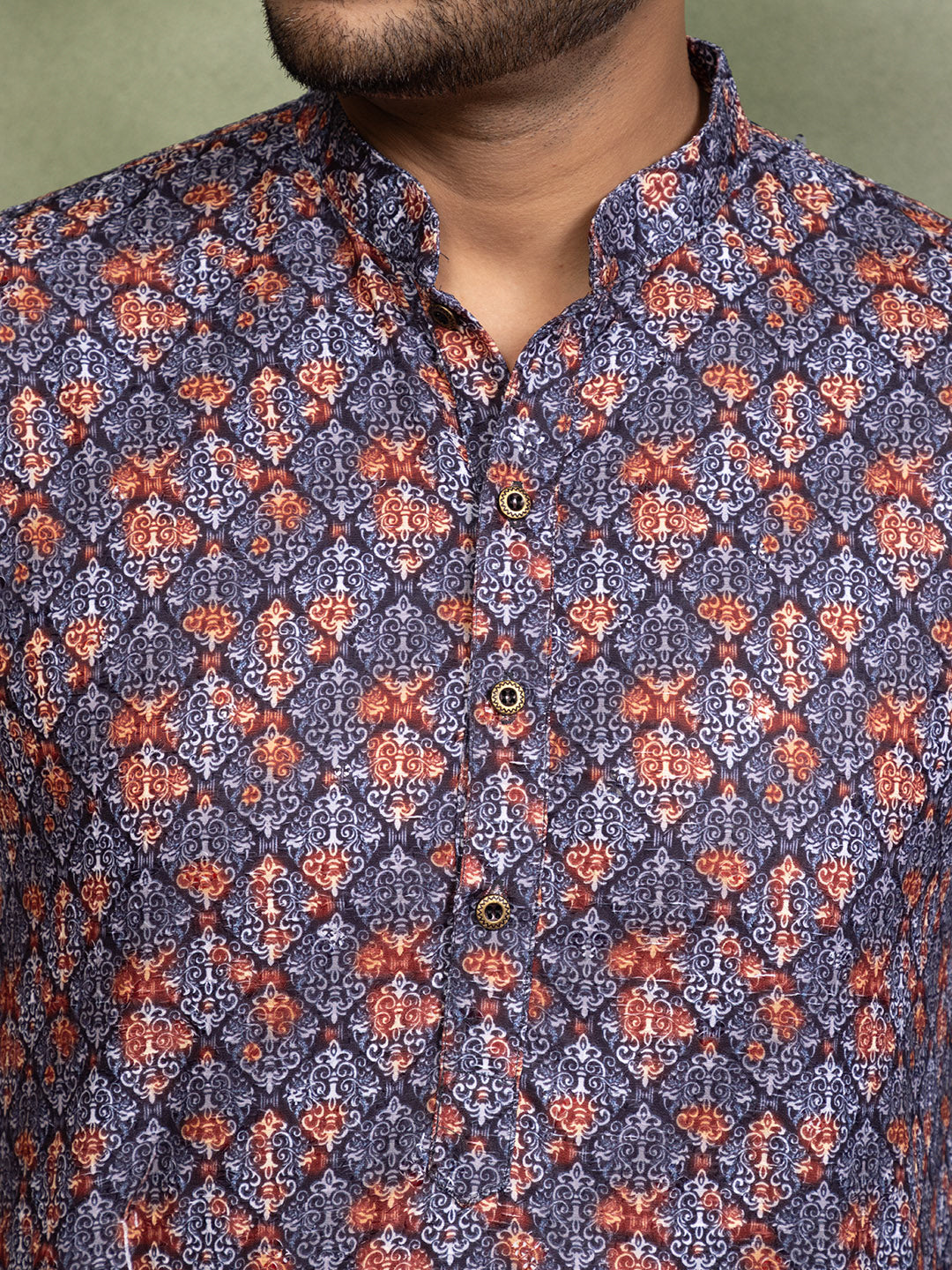 Mens Printed Cotton Kurta Set with All Over Thread Work