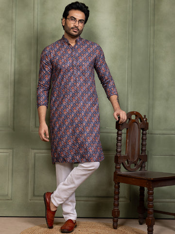 Mens Printed Cotton Kurta Set with All Over Thread Work