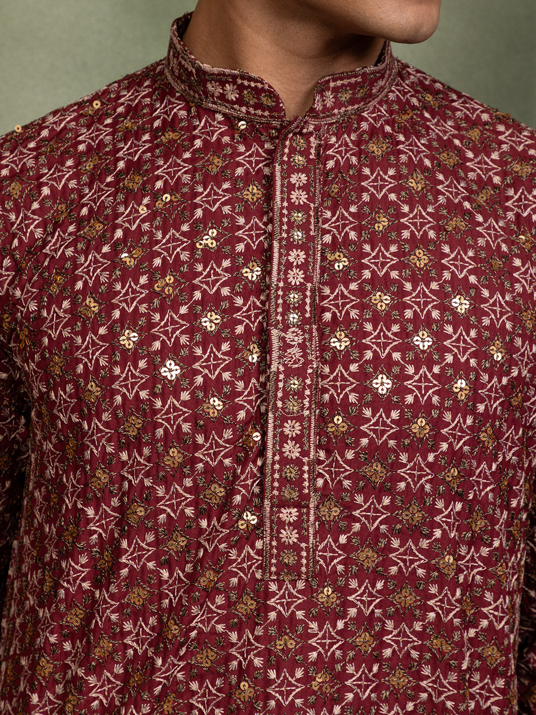 Mens Maroon Embellished Cotton Kurta Set