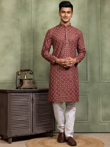 Mens Maroon Embellished Cotton Kurta Set