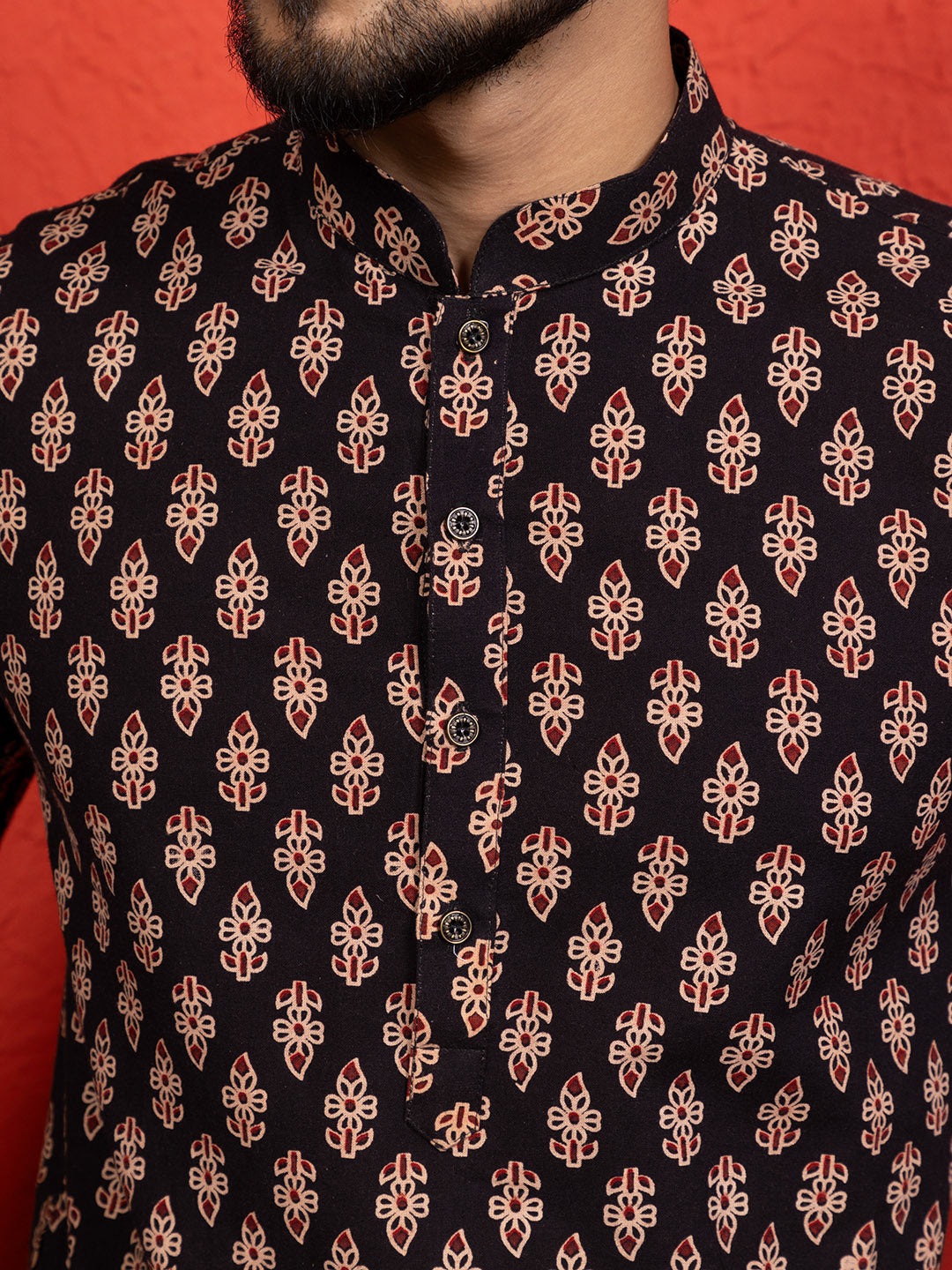 Mens Black All-Over Printed Cotton Kurta Set