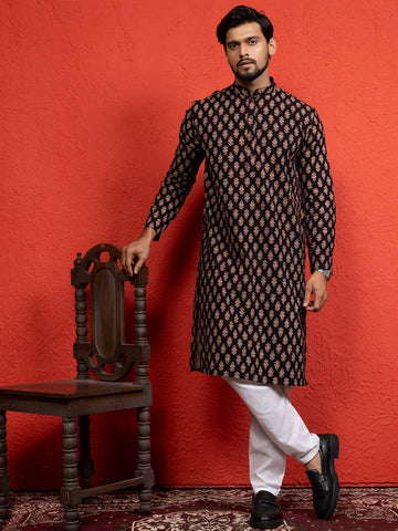 Mens Black All-Over Printed Cotton Kurta Set